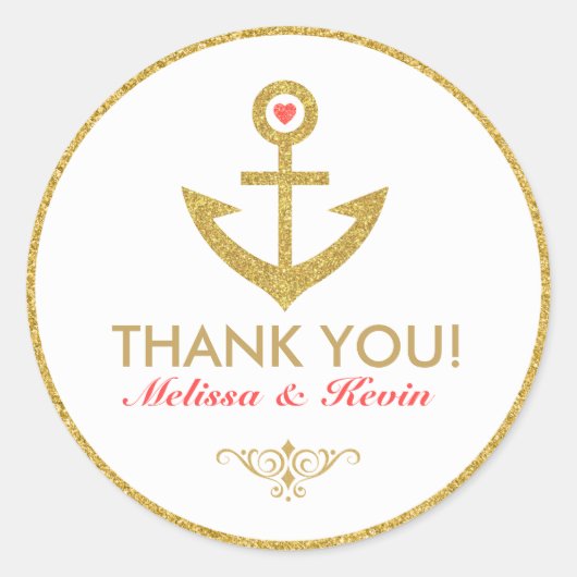 サンキューホワイト&金ゴールド航海のボートいかり ラウンドシール (正面)