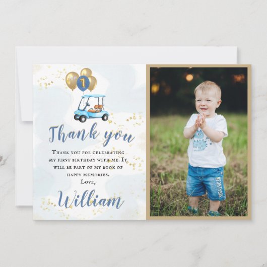 サンキューボーイゴルフテーマフォトファースト誕生日 サンキューカード (正面)