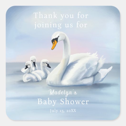 サンキューママ白鳥とベビー赤ちゃんシャワー スクエアシール (正面)