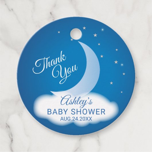 サンキュームーンと星ベビーシャワー – 青/白 フェイバータグ (正面)