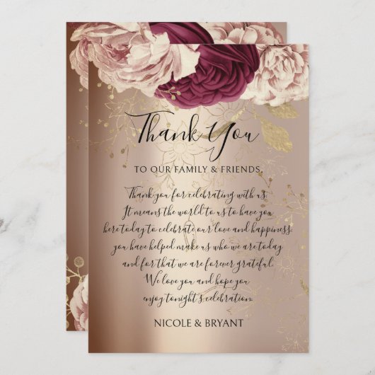 サンキューモノグラムピンク花模様マルサラバラ金ゴールド 招待状 (正面/裏面)