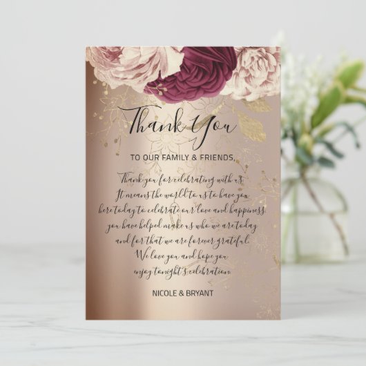 サンキューモノグラムピンク花模様マルサラバラ金ゴールド 招待状 (スタンド正面)