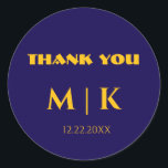 サンキューモノグラム結婚の金ゴールドイエローブルー ラウンドシール<br><div class="desc">モノグラムイニシャル(編集、変更、パーソナライズ可能)で印刷さカスタムれた青い黄金色の色とメッセージカスタムの感謝していを!</div>