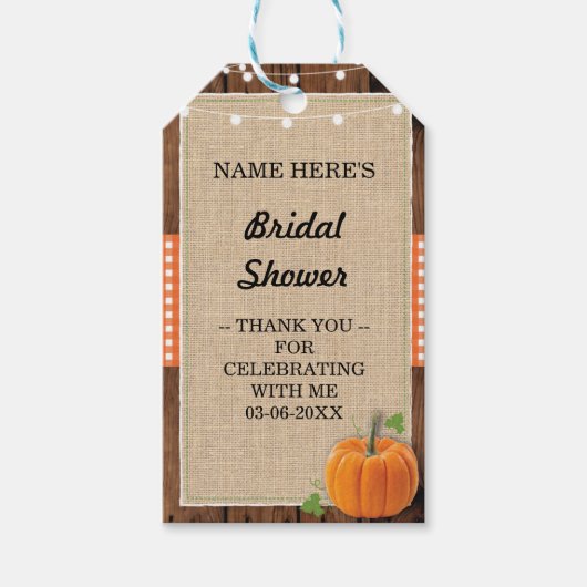 サンキューラベルバーラップウッドパンプキンブライダルシャワー ギフトタグ (正面)