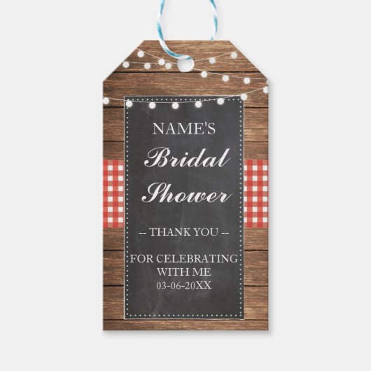 サンキューラベルビーフウッドレッドチェックブライダルシャワー ギフトタグ (正面)