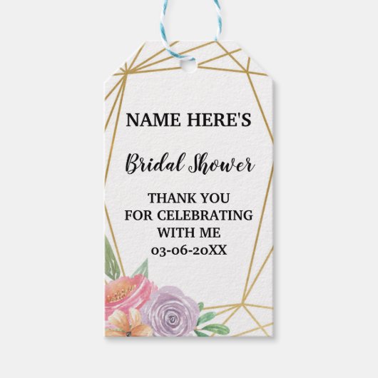 サンキューラベルフローラお気に入り金ゴールドブライダルシャワー ギフトタグ (正面)