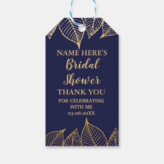 サンキューラベルブライダルシャワーリーフラベルネイビー金ゴールド ギフトタグ (正面)