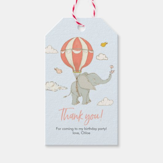 サンキューラベル |ゾウの熱気球 – 桃 ギフトタグ (正面)