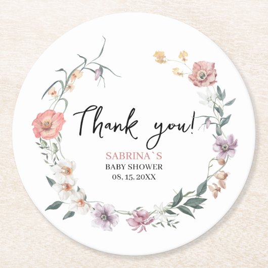 サンキューワイルドフラワー春ベビーシャワー ラウンドペーパーコースター (正面)