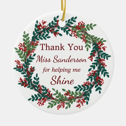 サンキュー先生の名前クリスマスリース セラミックオーナメント (正面)