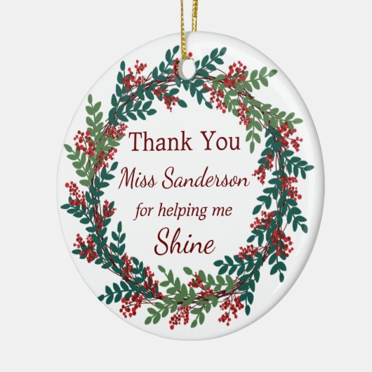 サンキュー先生の名前クリスマスリース セラミックオーナメント (左)