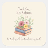 サンキュー先生 – 水彩の本&花 – スクエアシール (正面)