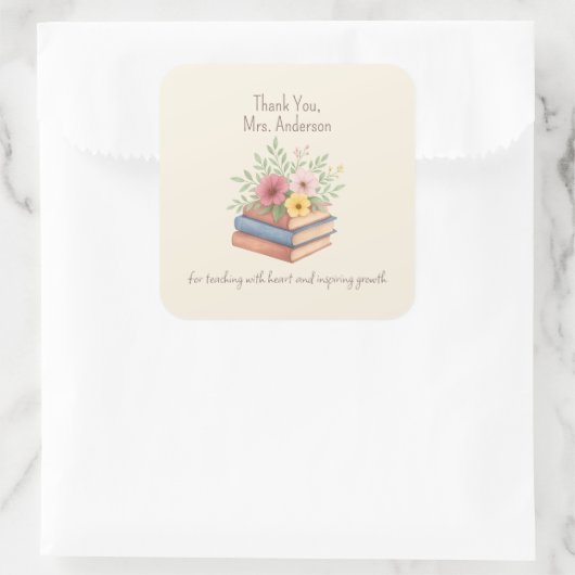 サンキュー先生 – 水彩の本&花 – スクエアシール (バッグ)