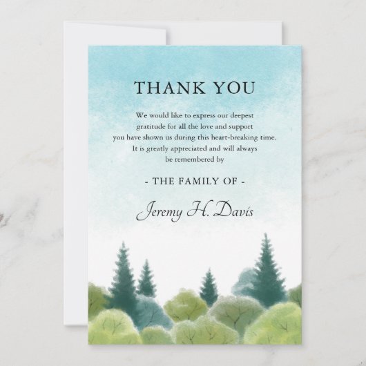サンキュー悔やみや弔慰ウォーターカラーウッドランドスカイノート サンキューカード (正面)