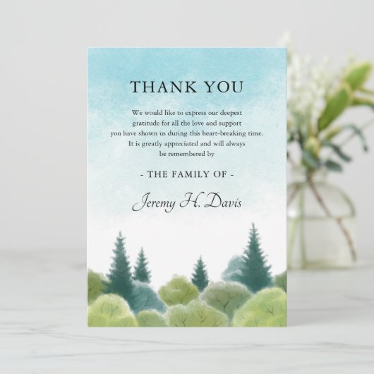 サンキュー悔やみや弔慰ウォーターカラーウッドランドスカイノート サンキューカード (スタンド正面)