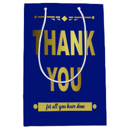 サンキュー感謝ブルー金ゴールドタイポグラフィ ミディアムペーパーバッグ