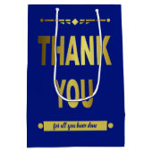 サンキュー感謝ブルー金ゴールドタイポグラフィ ミディアムペーパーバッグ (裏面)