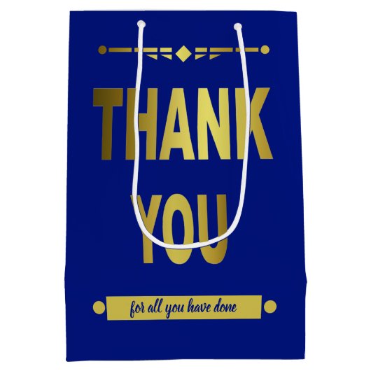 サンキュー感謝ブルー金ゴールドタイポグラフィ ミディアムペーパーバッグ (裏面)