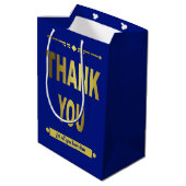 サンキュー感謝ブルー金ゴールドタイポグラフィ ミディアムペーパーバッグ (裏面アングル)