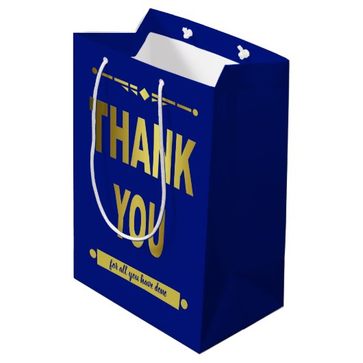 サンキュー感謝ブルー金ゴールドタイポグラフィ ミディアムペーパーバッグ (裏面アングル)