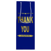 サンキュー感謝ブルー金ゴールドタイポグラフィ ワインギフトバッグ (正面)