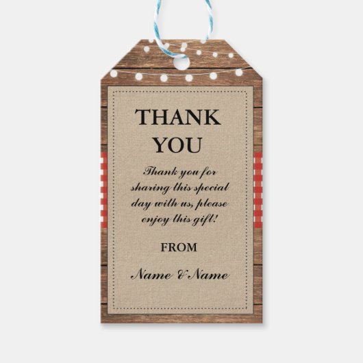 サンキュー素朴ラベルレッドメッセージカードズ結婚ウッド ギフトタグ (正面)