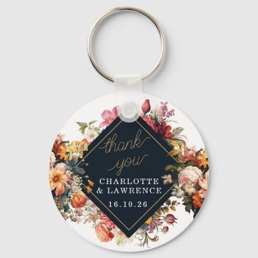 サンキュー結婚のヴィンテージオレンジの花デザイン キーホルダー (正面)