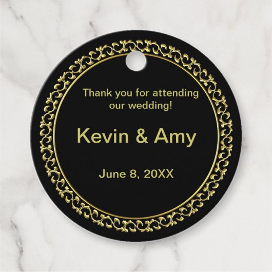 サンキュー結婚式の引き出物ラベルブラック/金ゴールド フェイバータグ (正面)
