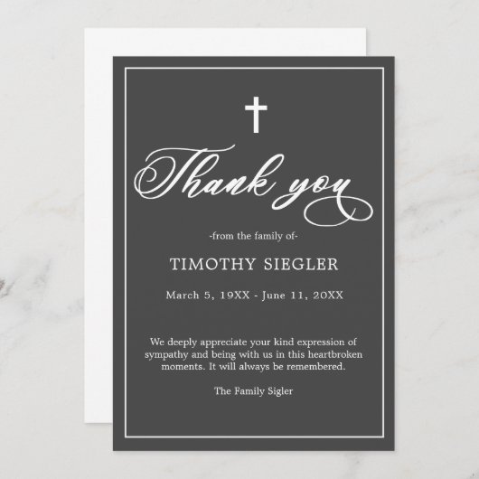 サンキュー葬式ダークグレー悔やみや弔慰悲しみカード サンキューカード (正面/裏面)