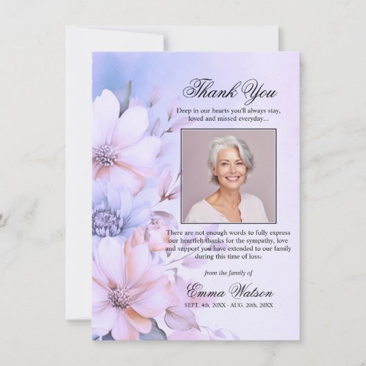 サンキュー葬式パープルラベンダーフローラ |写真 カード (正面)