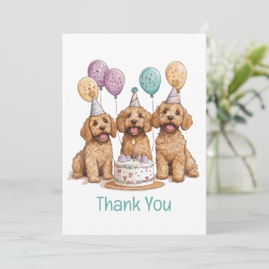 サンキュー誕生日ゴールデンドルドードルドッグスお誕生日ケーキ サンキューカード (スタンド正面)