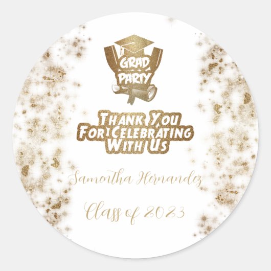サンキュー金ゴールドグリッター&ホワイト卒業パーティー ラウンドシール (正面)