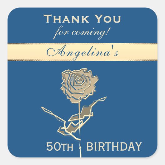 サンキュー50th誕生日エレガントクラシックブルー金ゴールド スクエアシール (正面)