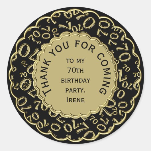 サンキュー70th誕生日ブラックと金ゴールドテーマ ラウンドシール (正面)