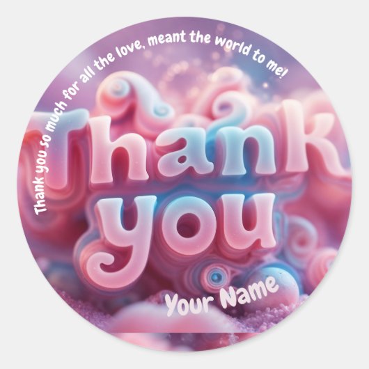 サンキュー | かわいいピンク3Dファンタジーイラストレーション ラウンドシール (正面)