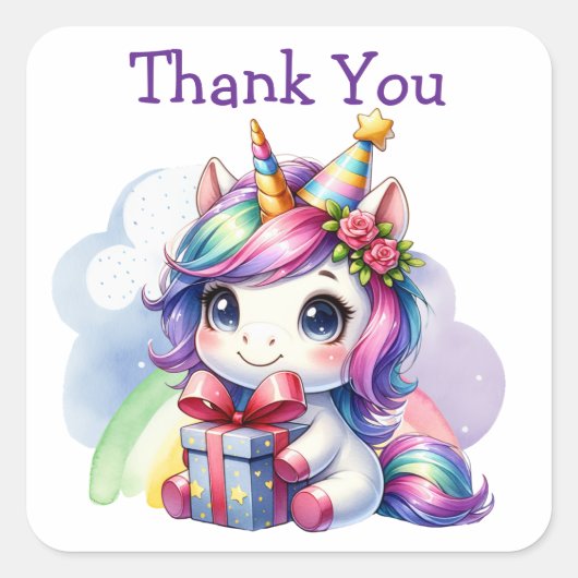 サンキュー | ガールズ誕生日ユニコーン スクエアシール (正面)