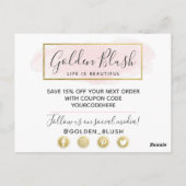 サンキュー ブラッシュ ピンク ウォーターカラー & モダン ゴールド ジオ ポストカード (裏面)