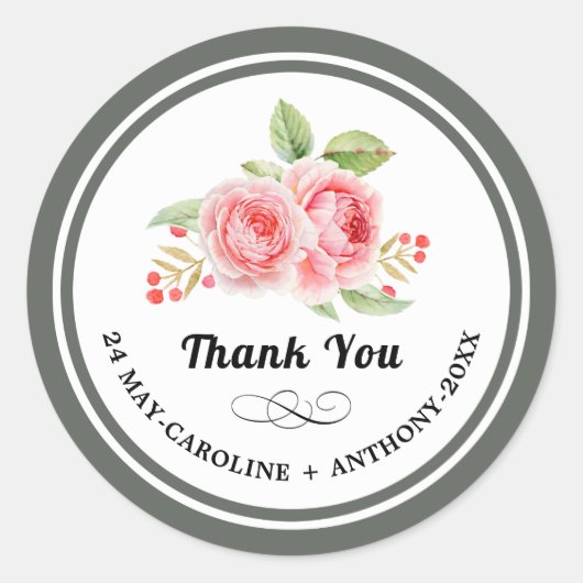 サンキュー.水彩バラ結婚ズ ラウンドシール (正面)
