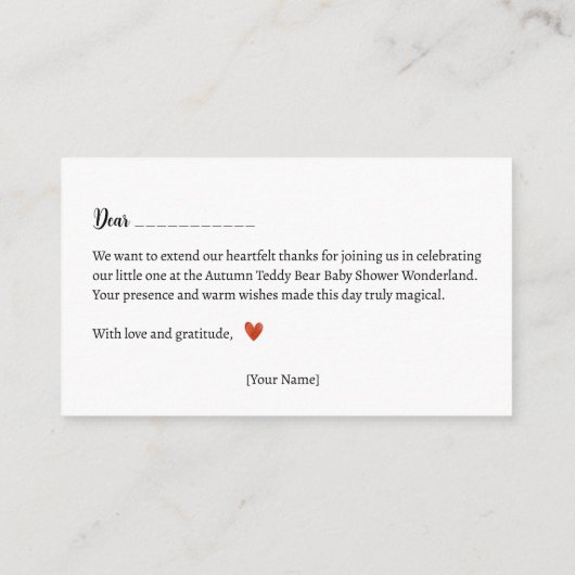 サンキュー!秋のテディベア赤ちゃんシャワー エンクロージャーカード (裏面)