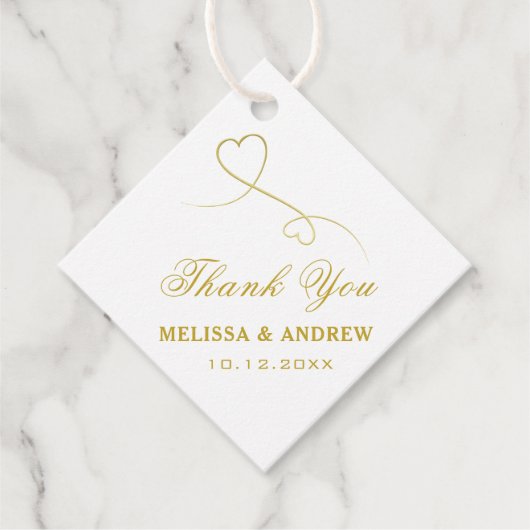 サンキュー | 2つの金ゴールドハート |エレガントな結婚式 フェイバータグ (正面)