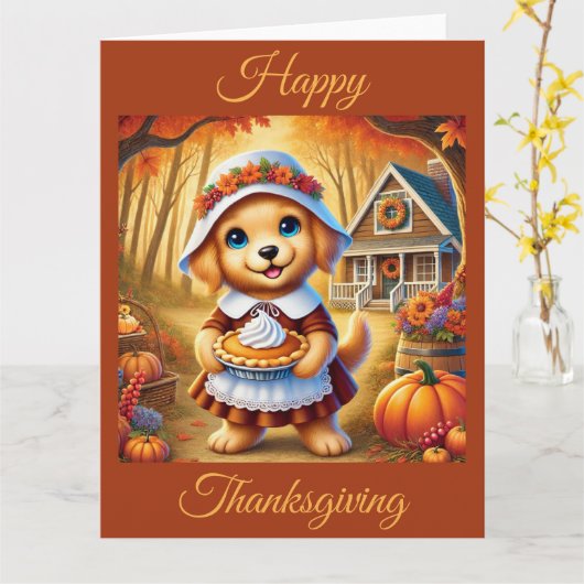 サンクスギビングのパンプキンパイとピルグリムパピー カード (黄色い花)