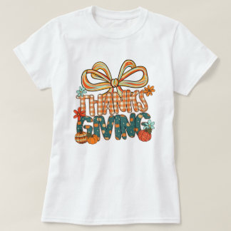 サンクスギビングシャツ - 可愛い秋のチェック柄デザインリボン Tシャツ
