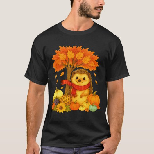 サンクスギビング オートゥム 秋 ハリネズミ 落葉 樹木 Tシャツ (正面)