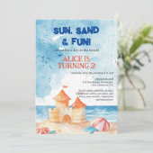 サンクールおもしろいビーチパーティーサンドキャッスル子供の誕生日 招待状 (スタンド正面)