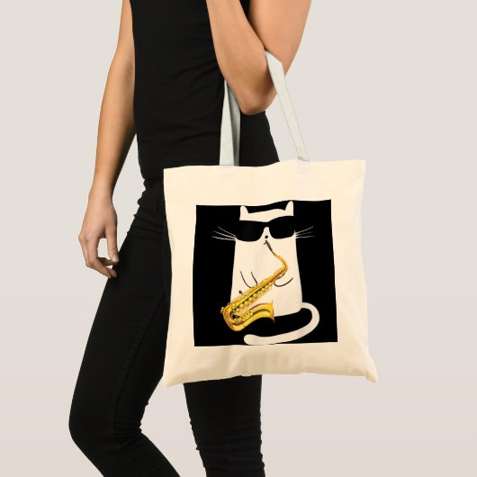 サングラスおもしろいのサックス遊フォンを着た猫 トートバッグ (正面(商品))