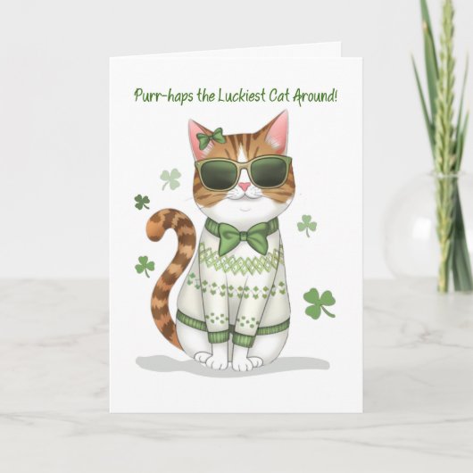 サングラスおもしろいボウを着たガールキャットSt patricks カード (正面)