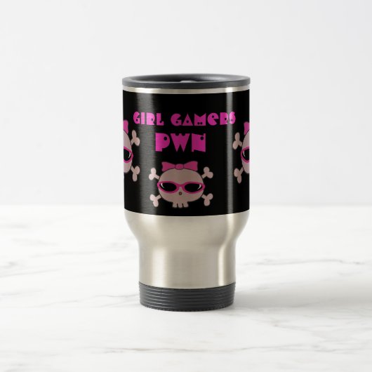 サングラスが付いている女の子のゲーマーのpwnのスカル トラベルマグ (中央)