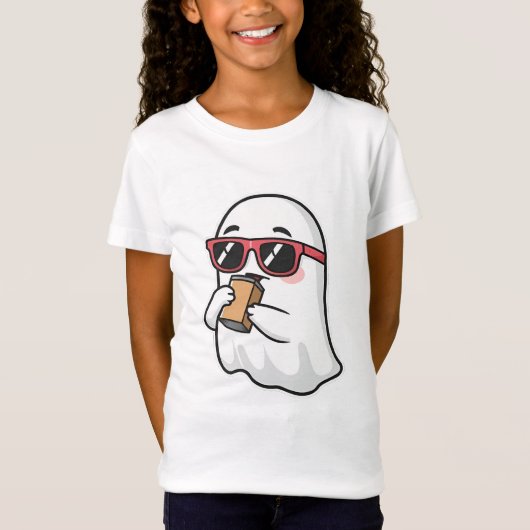 サングラスでアイスコーヒーを飲むかわいいおばけ キ Tシャツ (正面)