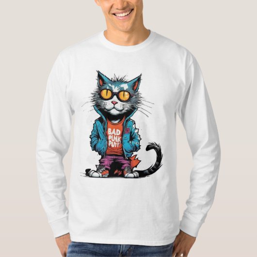 サングラスで悪猫をパンク Tシャツ (正面)