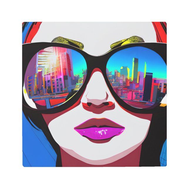 サングラスで街を映す女性 メタルプリント (正面)